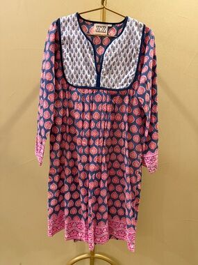 SZ Blockprints Printed Cotton Tunic Dress - Navy, Pink and Coral